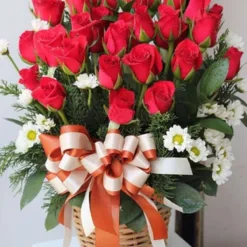 Basket of Red Roses & Daisies